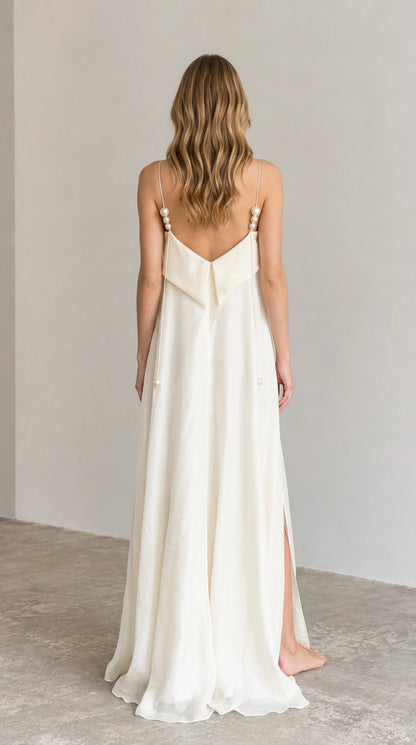 Ivory backless pearl strap gown back view