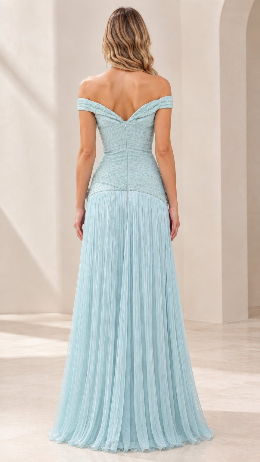 Back view of ice blue evening dress with V-neckline and pleated drop-waist design