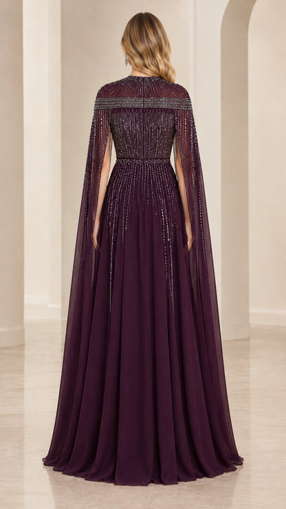 Plum cape sleeve evening gown back view