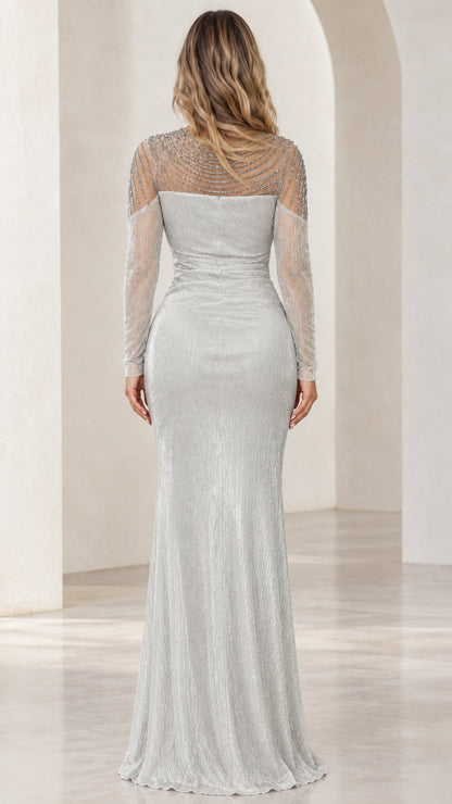 Silver long sleeve floor-length gown back view