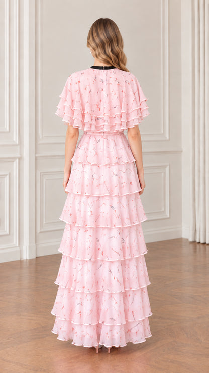 Back view of elegant pink floral tiered chiffon maxi dress
