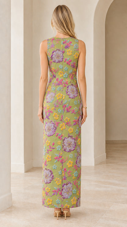 Back view of sage green floral embroidered sleeveless maxi dress with zipper closure