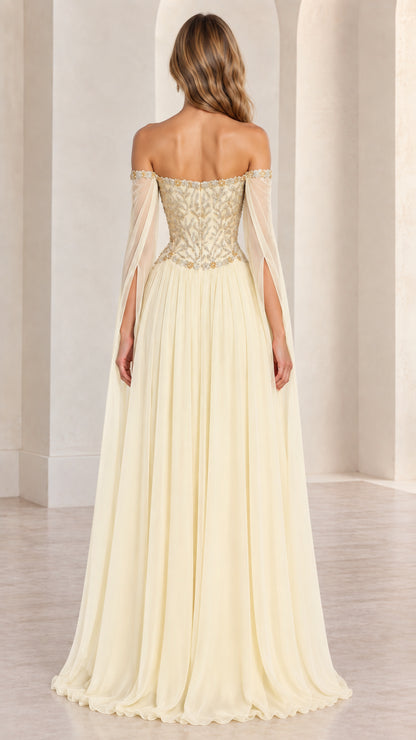 Back view of Champagne off-the-shoulder maxi dress with elegant cape sleeves