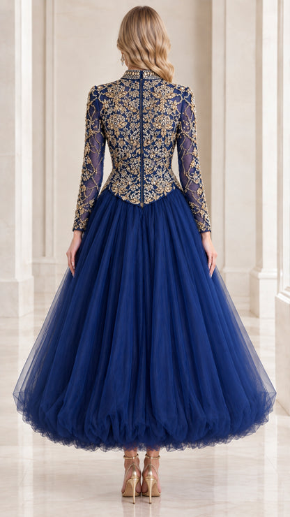 Back view of royal blue embellished high neck tulle ball gown