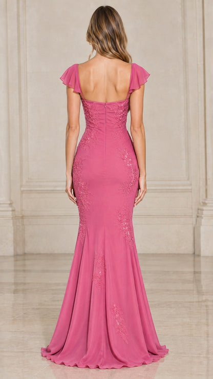Back view of model in rose pink low square back mermaid dress