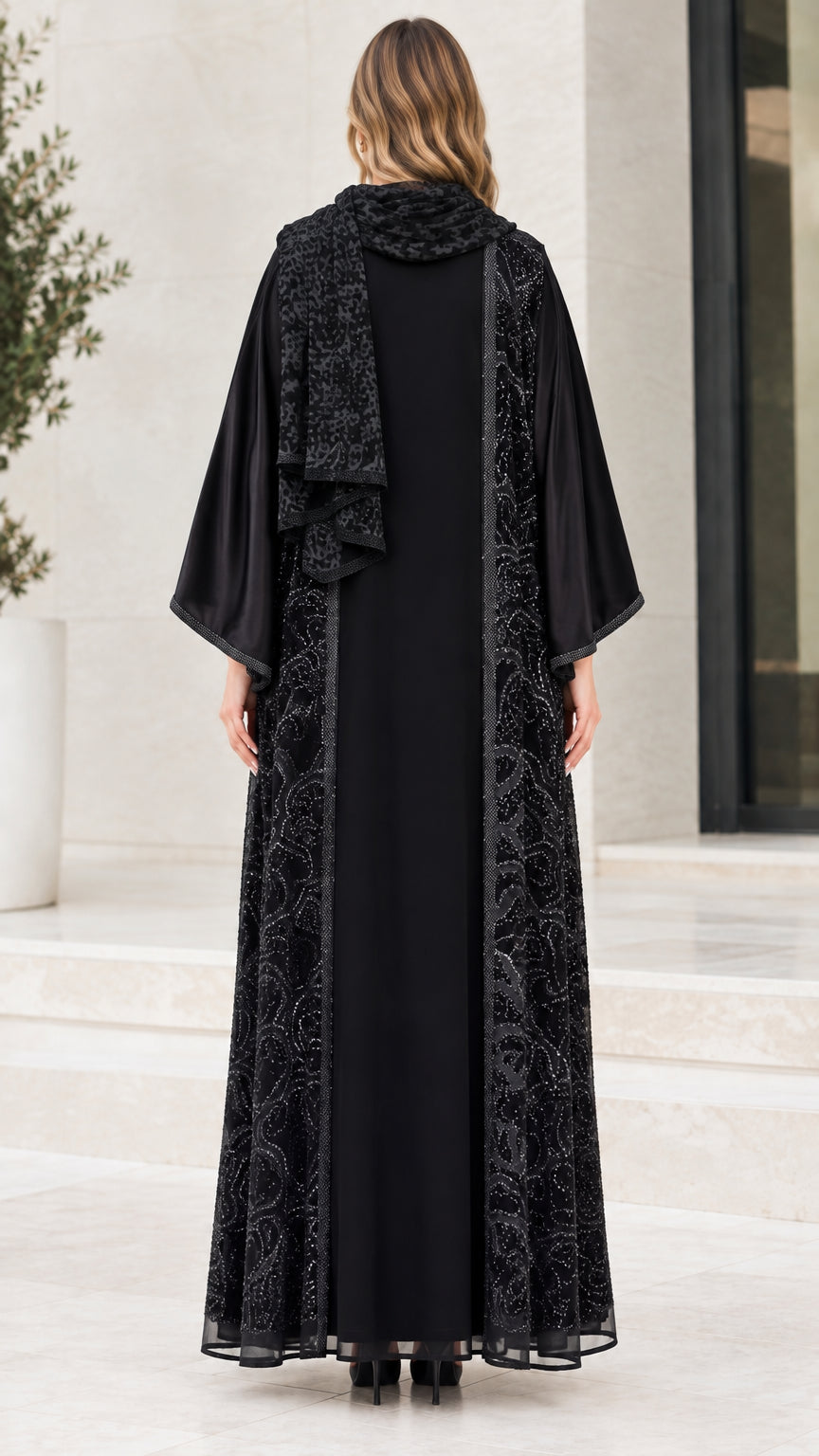 Back view of black open abaya showcasing full coverage and sheer sequin fabric