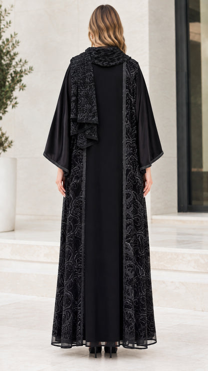 Back view of black open abaya showcasing full coverage and sheer sequin fabric
