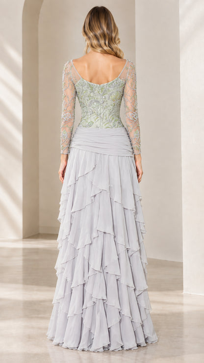 Back view of Sage Green evening gown with illusion neckline and tiered skirt