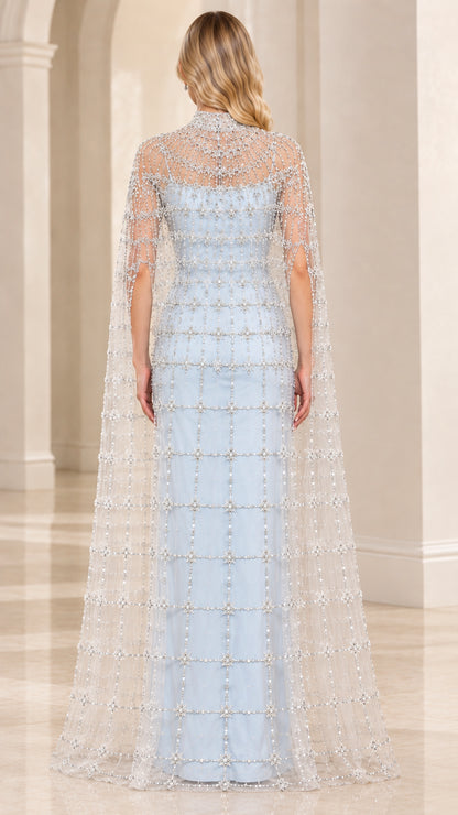 Sky blue embellished cape evening gown back view