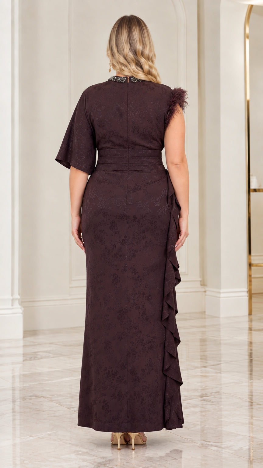 Back view of Dark Plum jacquard maxi dress showing back zipper and beaded collar detail