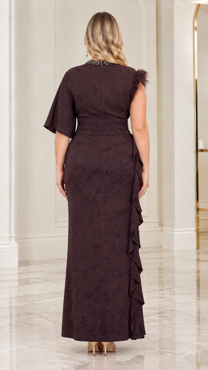 Back view of Dark Plum jacquard maxi dress showing back zipper and beaded collar detail