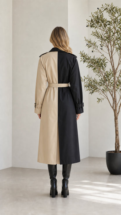 Back view of the Black and Khaki split-color longline trench coat