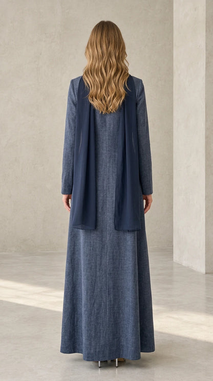 Back view of Slate Blue maxi dress showing coordinated lightweight scarf