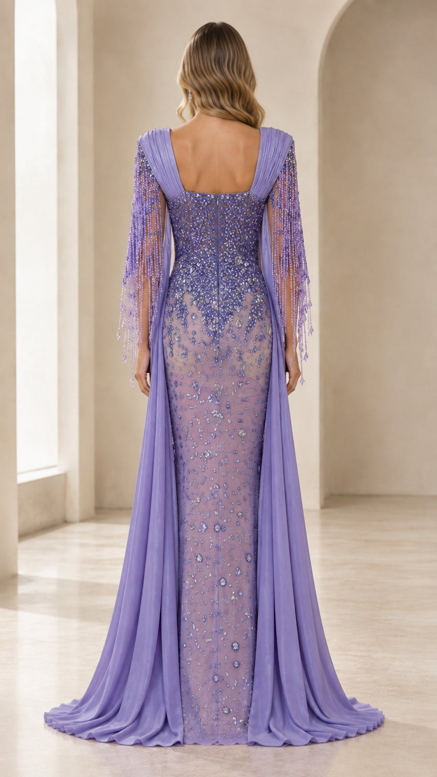 Back view of lavender evening dress with square neckline and floor-length drape cape