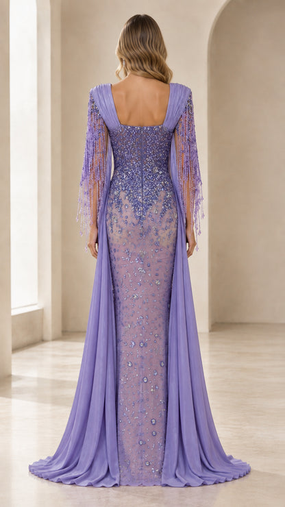 Back view of lavender evening dress with square neckline and floor-length drape cape