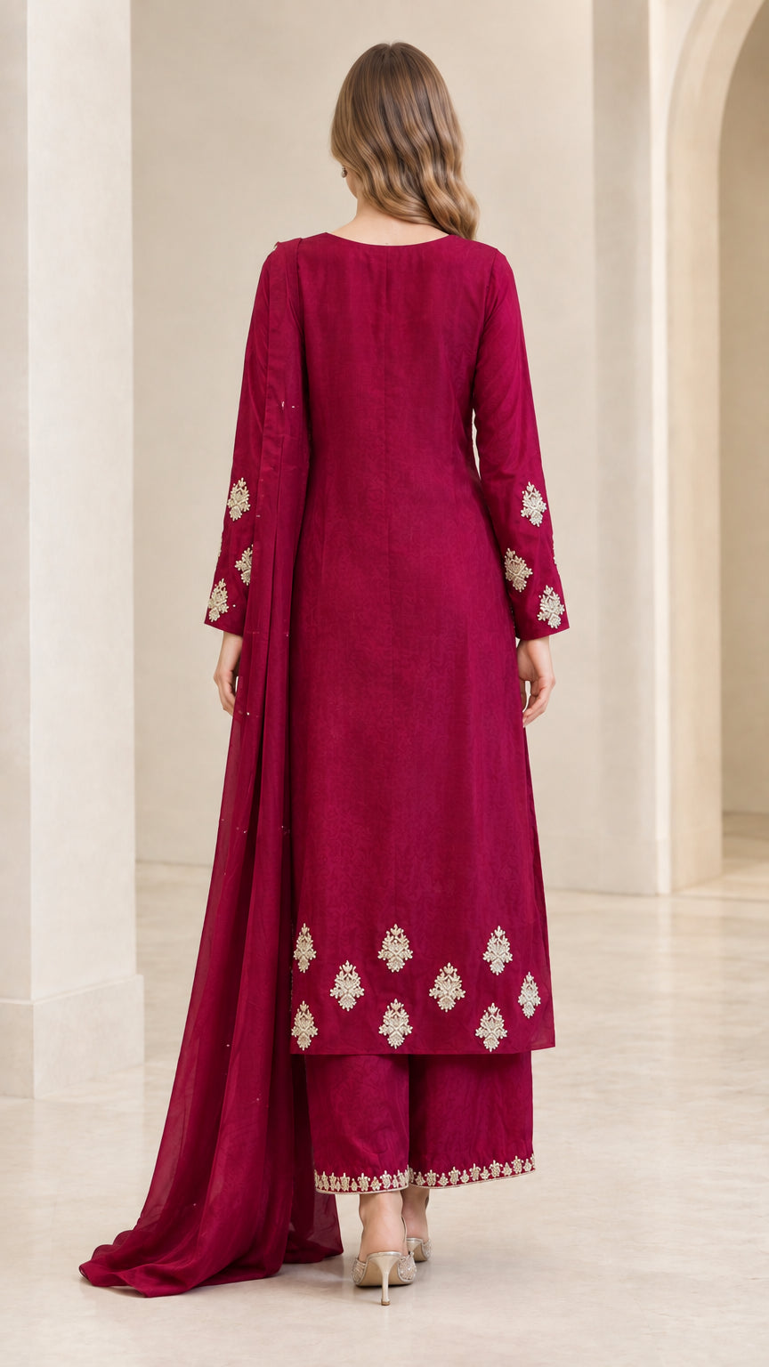 Back view of women's wine red longline kurta and straight pant set