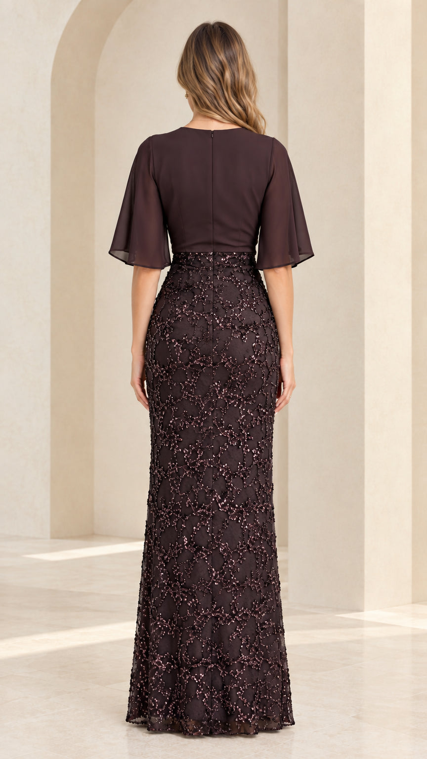 Back view of chocolate brown flutter sleeve evening gown showing elegant column silhouette