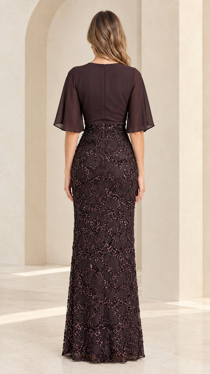 Back view of chocolate brown flutter sleeve evening gown showing elegant column silhouette