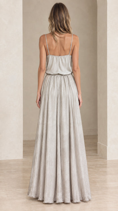 Model wearing silver grey lace-trim cami maxi dress back view