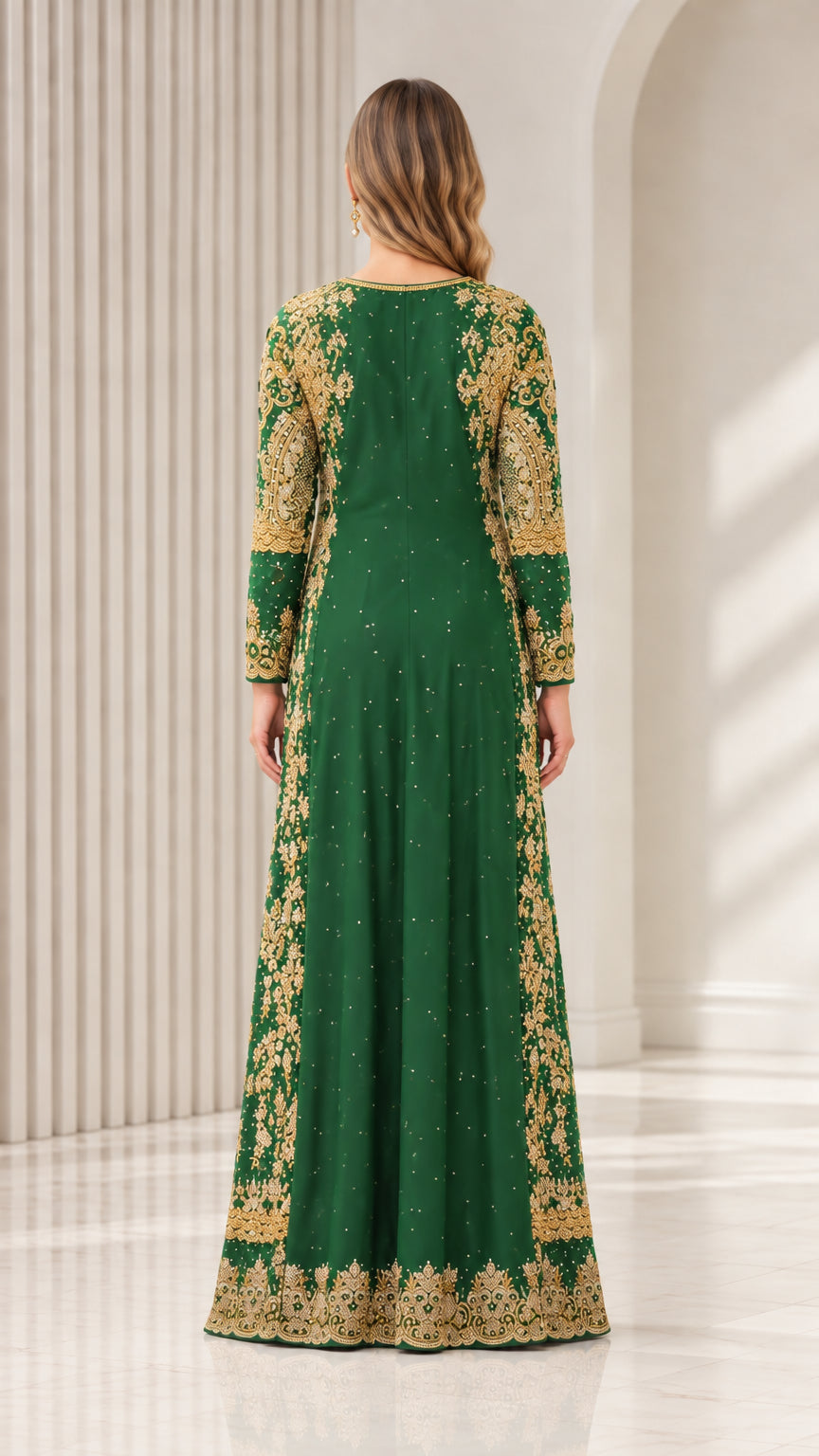 Back view of Emerald Green formal maxi dress with gold embroidered trim