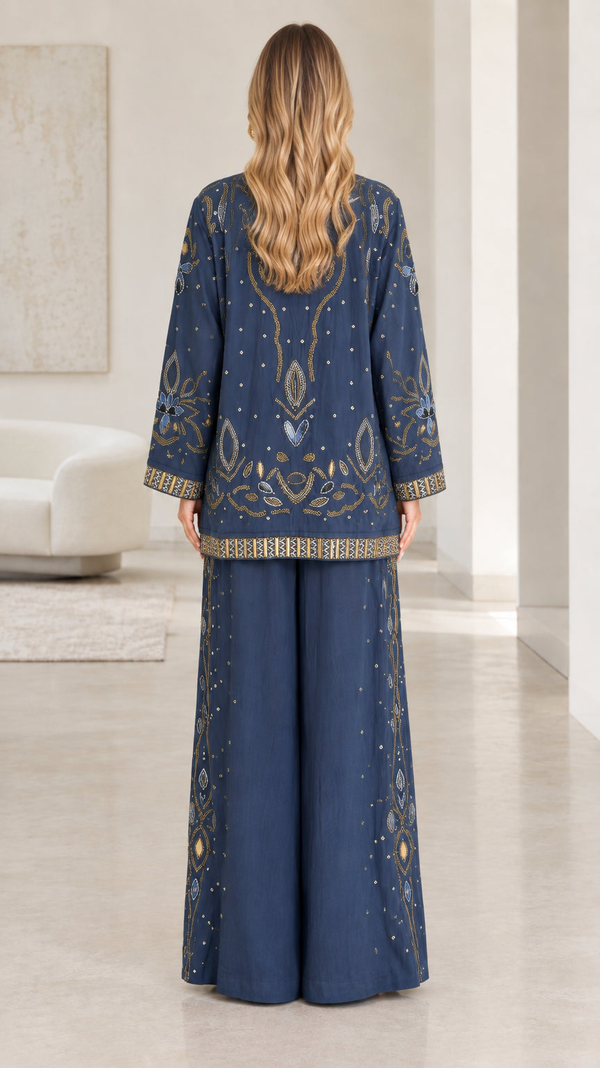 Back view of navy blue open-front evening jacket featuring intricate back embroidery and flowing pants