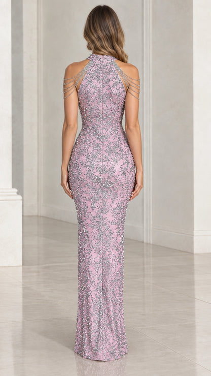 Back view of pink halter sequin maxi evening gown