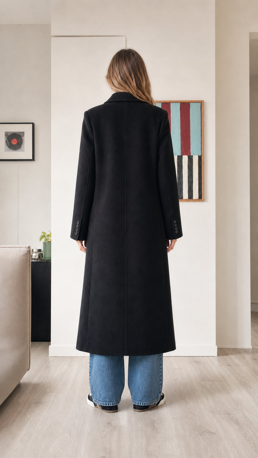 Back view of woman wearing full-length black winter overcoat