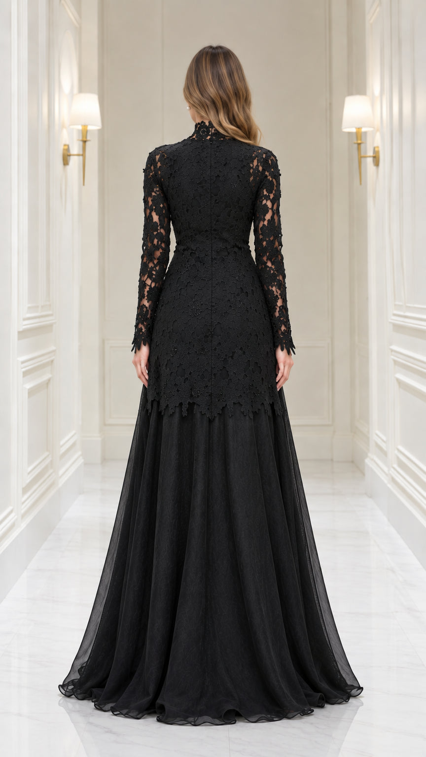 Back view of black long sleeve formal lace maxi gown
