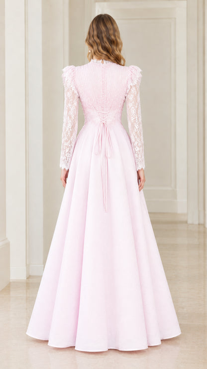 Back view of Light Pink gown showcasing corset lace-up back and button detail