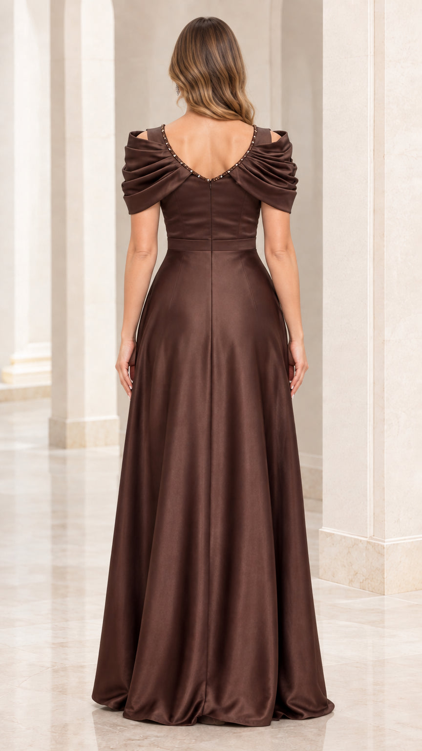 Back view of Chocolate Brown V-back satin floor-length evening dress
