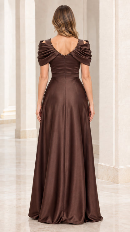 Back view of Chocolate Brown V-back satin floor-length evening dress