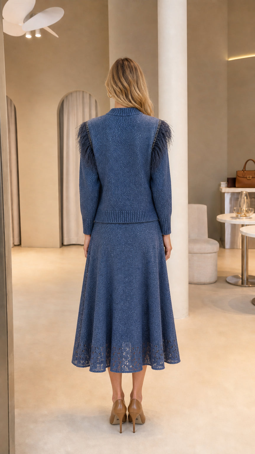 Back full view of Slate Blue knit cardigan and A-line midi skirt set