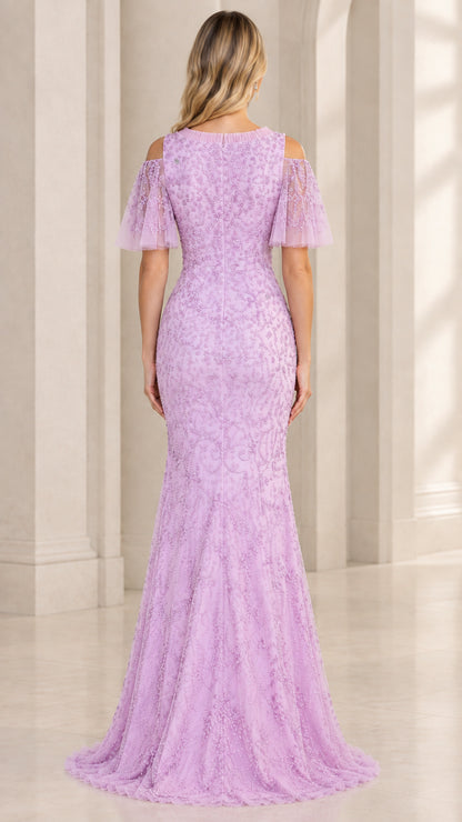 Back view of model in lavender beaded floor-length evening dress