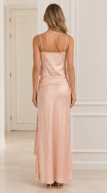 Model wearing Blush Pink satin maxi skirt set back view
