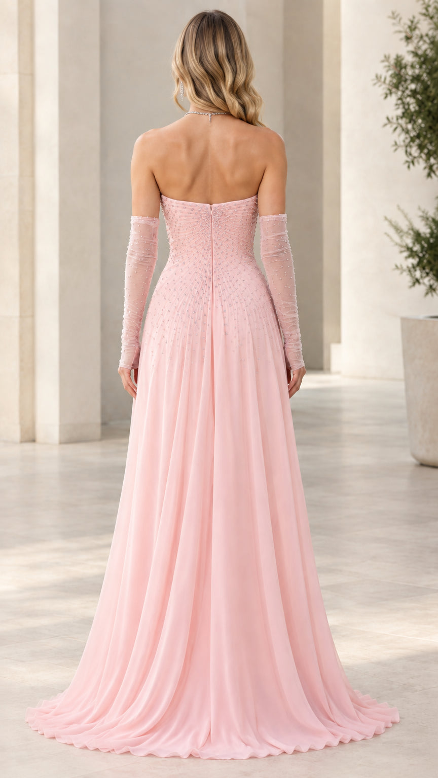 Back view of Blush Pink strapless chiffon floor-length evening dress