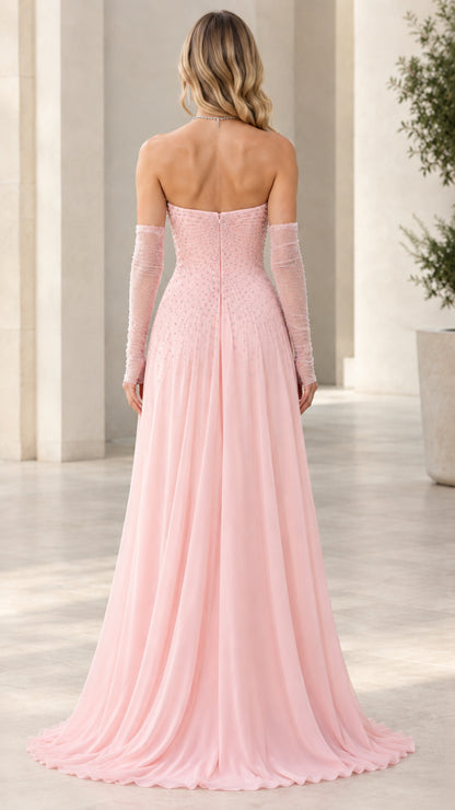 Back view of Blush Pink strapless chiffon floor-length evening dress