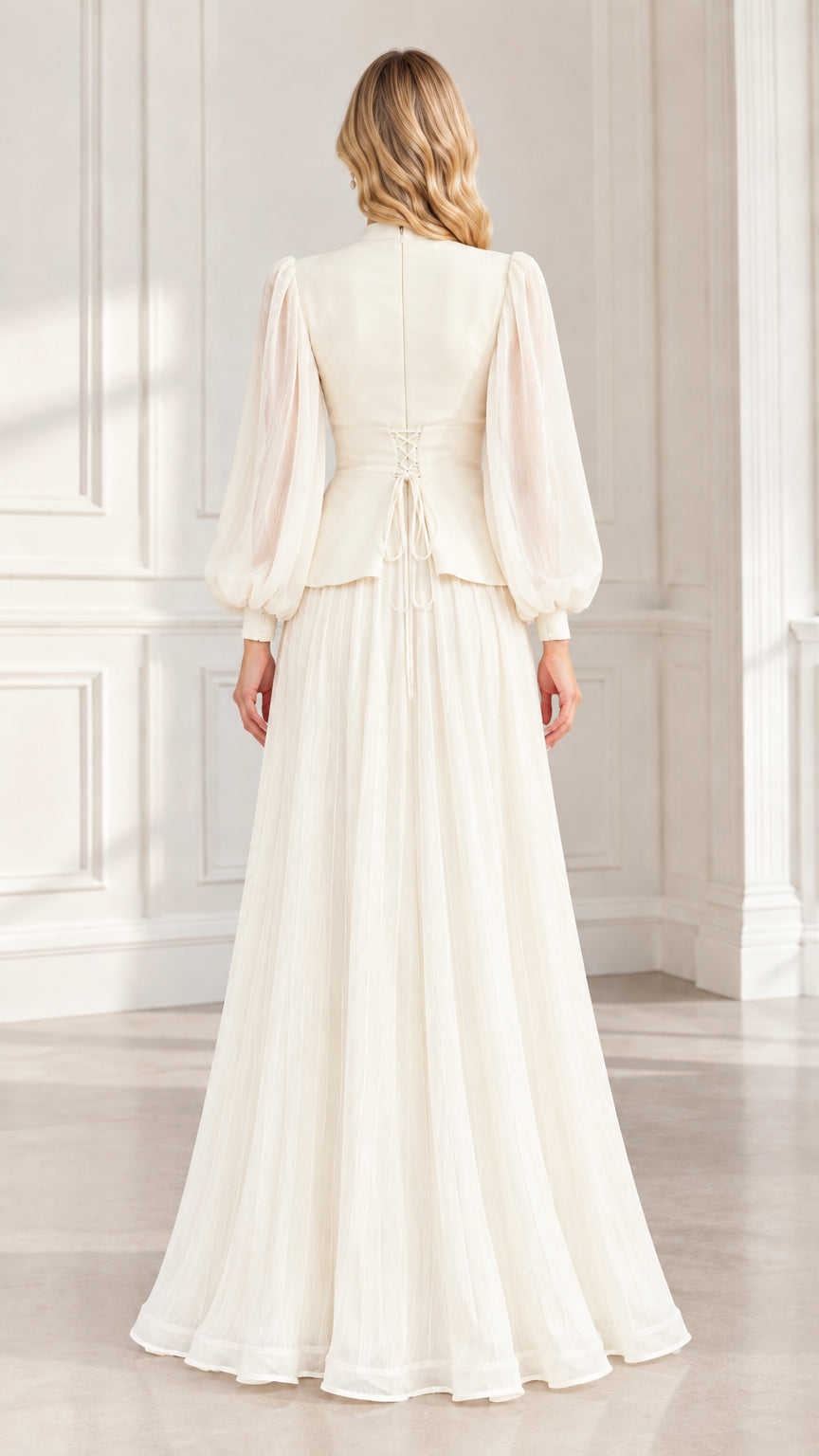 Back view of ivory evening gown highlighting adjustable corset lace-up waist detail