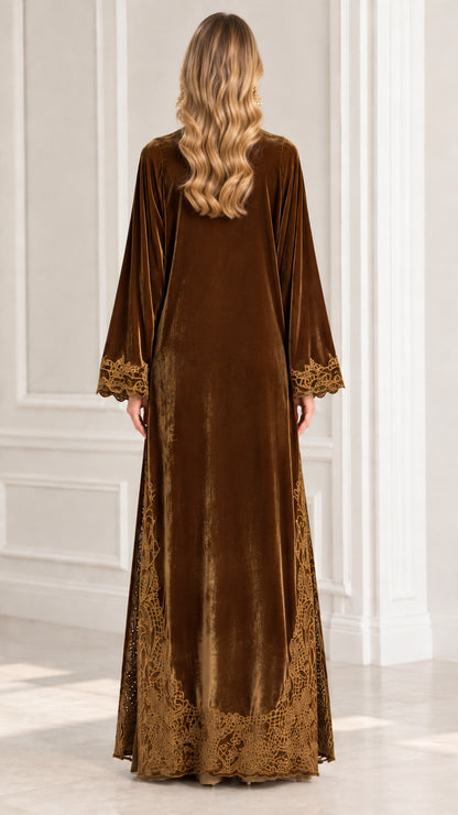 Back view of model wearing Bronze Brown floor-length velvet maxi dress