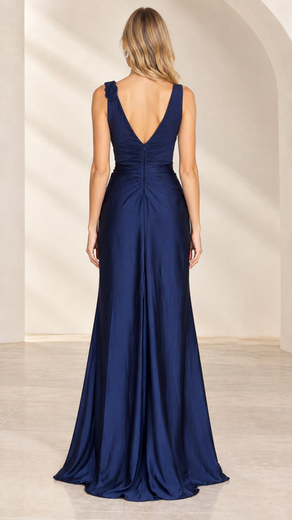 Back view of model wearing Navy Blue V-back satin evening gown