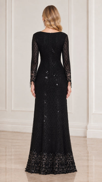 Back view of black long sleeve floor-length formal evening gown