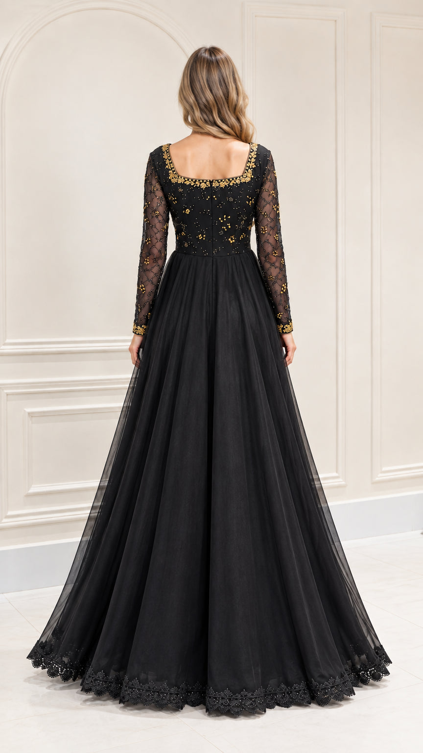 Back view of black long sleeve evening dress with square back neckline