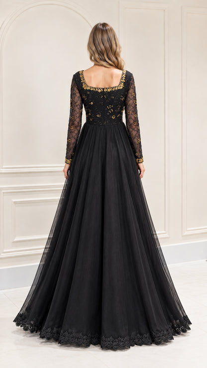 Back view of black long sleeve evening dress with square back neckline