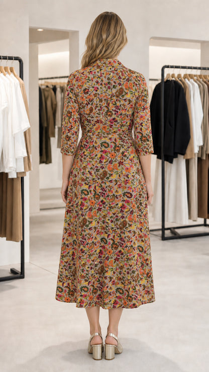 Back view of model wearing Khaki Floral midi shirt dress