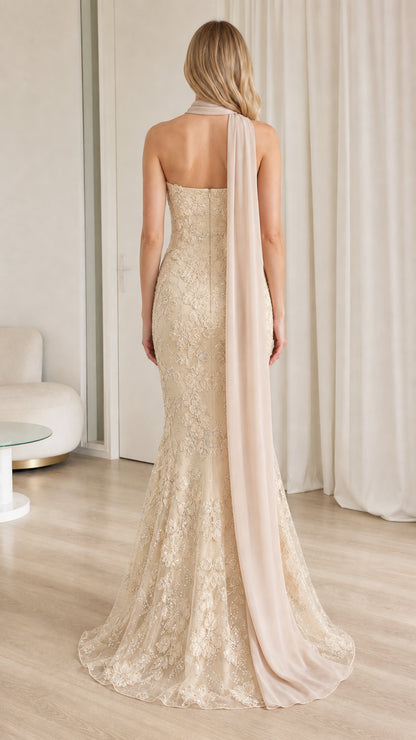 Back view of champagne lace mermaid formal dress with elegant trailing drape