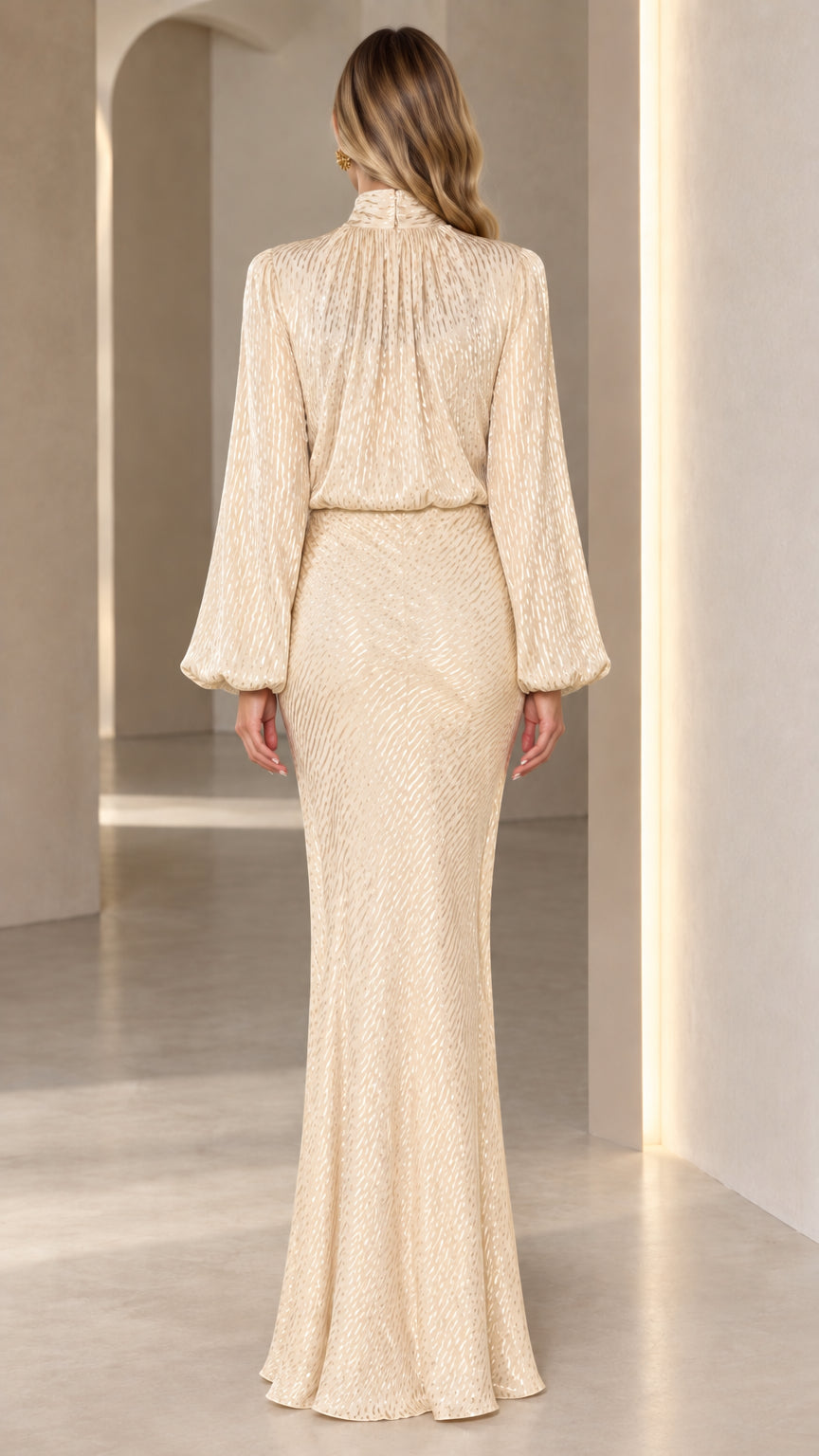 Back view of Champagne high neck maxi dress showing clean draped silhouette