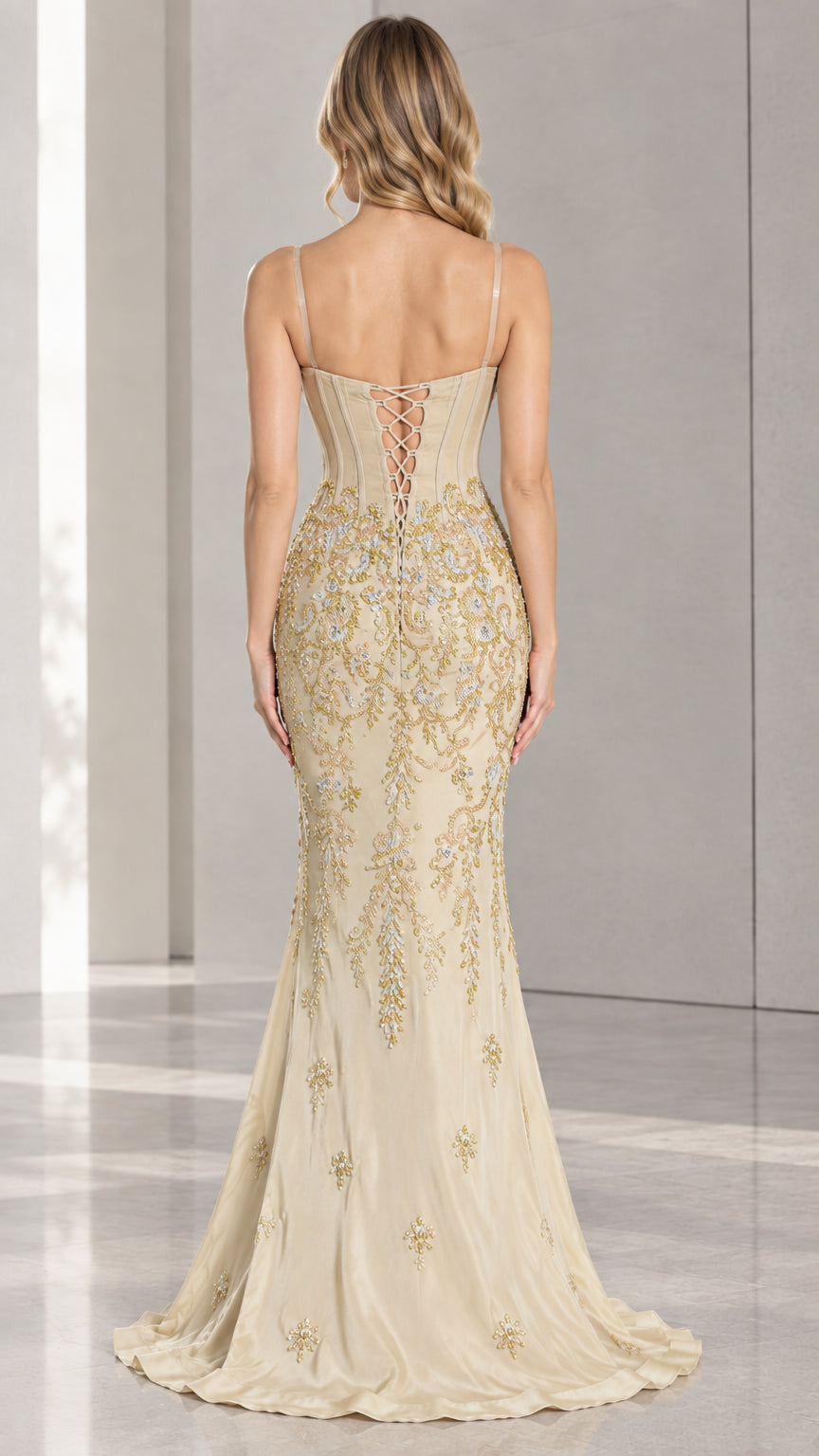 Back view of Champagne formal dress showing lace-up corset closure and train