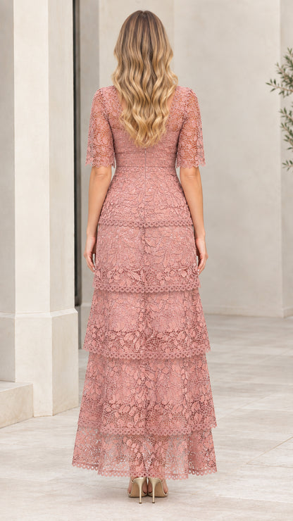 Dusty Rose tiered floral lace maxi dress back view