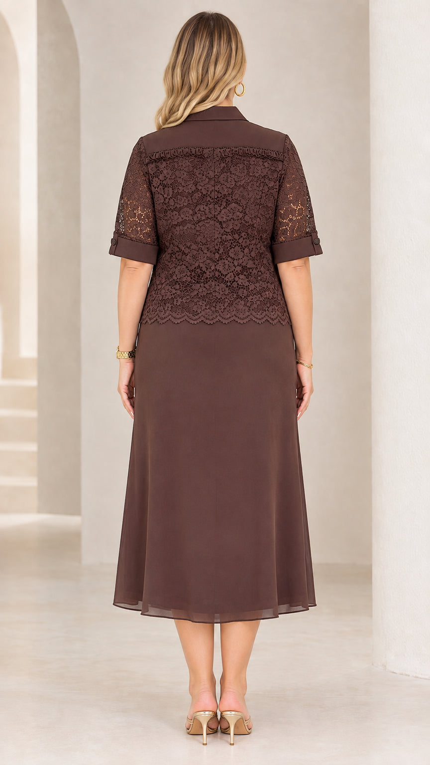 Chocolate Brown lace overlay jacket and midi dress back view
