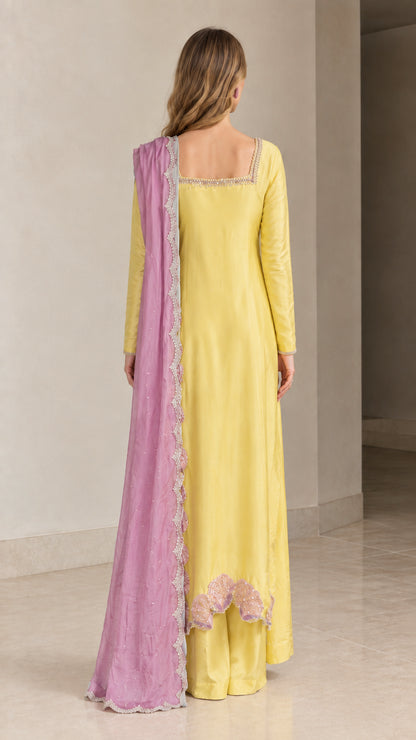Back view of model showcasing full-length Yellow kurta and draped dupatta