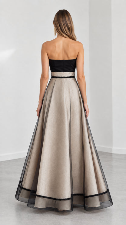 Back view of Champagne strapless evening gown showing zipper and full skirt